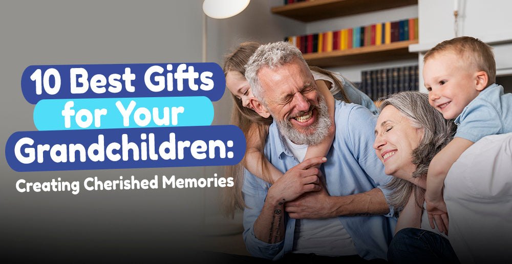 Happy grandparents laughing and playing with their smiling grandchildren at home, promoting gifts for your grandchildren and creating cherished memories