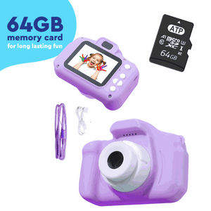 LittleLens Kids Camera in purple with 64GB memory card, USB cable, lanyard, and screen showing child’s photo.