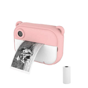 pink kids instant print camera with bear ears printing black and white photo and thermal paper roll refill