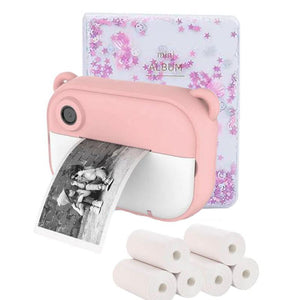 pink kids instant print camera with bear ears printing black and white photo with thermal paper rolls and mini photo album