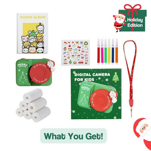 Holiday edition Kid Instant Print Camera set with stickers, colored markers, photo album, lanyard, and thermal paper rolls