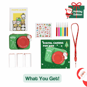 Kid Instant Print Camera Halloween Collection with photo album, stickers, colored markers, thermal paper rolls, and lanyard holiday edition set