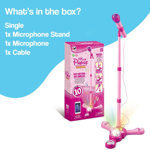 Complete Karaoke Mic Set with pink microphone, adjustable stand, cable, and festive LED light base for kids.