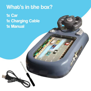 TurboRace Interactive Game Set showing racing console, steering wheel, USB charging cable, and screwdriver on blue background with box contents text.