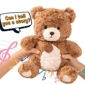 Brown and white AI-Smart Learning Plushie ChattyBear held by hands with musical notes and speech bubble saying "Can I tell you a story?"