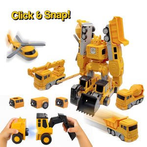 Click & Snap Magnetic Transformer Construction Set with yellow vehicles and robot, magnetic snap-together building toy for kids ages 5+.