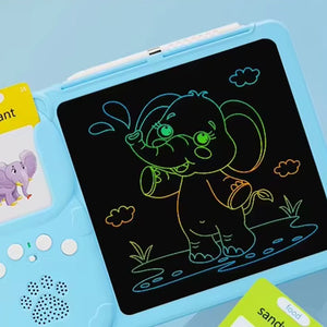 Child using SmartTrace multi-sensory learning tablet with mess-free LCD drawing board and vocabulary flashcards