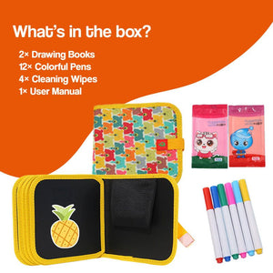 Child using MagicWipe reusable mess-free drawing book with colorful pens and cleaning wipes