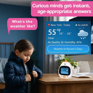 AI Powered RiseBuddy smart learning alarm clock with colorful touchscreen and playful kid-friendly design