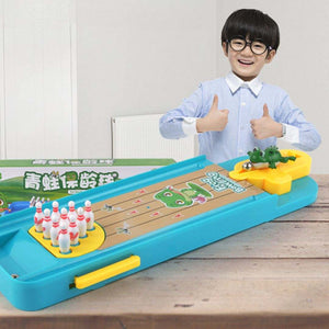 Children playing with educational bowling and basketball game toy set for kids' learning and fun