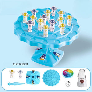 Balance Astronaut Stacking Game for kids with plastic astronaut pieces on a space-themed board.