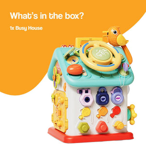Montessori Busy House toy for toddlers with buttons, doors, and interactive features for fine motor skills development.