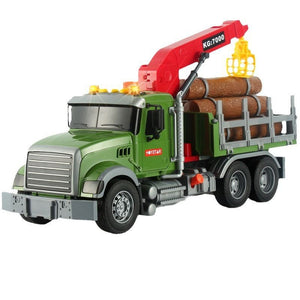 Oversized timber transport toy truck with crane, lights, music, and pneumatic lifting for kids aged 4-6