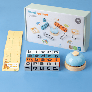 Children playing with a colorful wooden English spelling game toy for learning letters and words