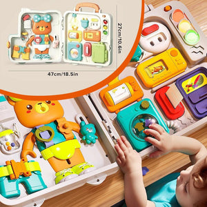 Montessori busy board educational toy for infants with interactive locks, buttons, and lights, perfect for 0-36 months old.