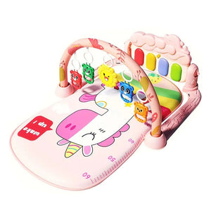 Baby Foot-Piano Fitness Rack with hanging rattles and soft fabric play mat for newborns and toddlers.