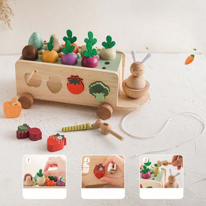Colorful wooden educational farm toy with detachable vegetables and shapes for toddlers learning and play