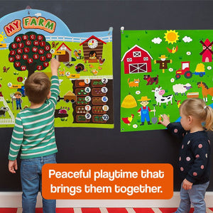 FarmPlay Velcro Learning Board Duo with colorful felt farm animals and educational pieces on two large boards