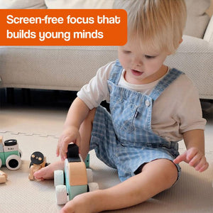 Wooden Montessori vehicle set with snap-together natural rubberwood pieces and silicone wheels for quiet play