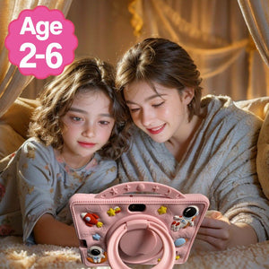 kids using pink shockproof learning tablet with astronaut case ages 2 to 6