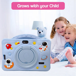 Blue shockproof learning tablet for kids with space-themed case and educational apps
