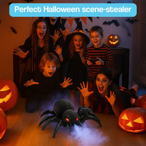 Remote control spider toy with fog spray, glowing red eyes, and sound effects for Halloween fun