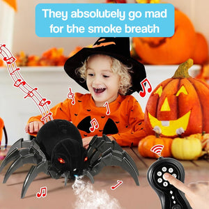 Remote control spider toy with fog spray, red glowing eyes, and creepy sound effects