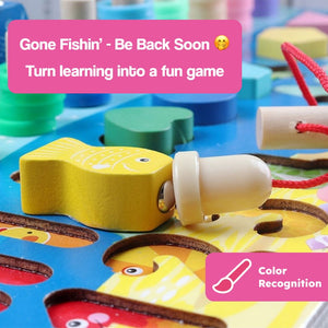 Montessori Big Skills Set for toddlers with wooden fishing board, fidget sensory ball, and busy ball for fine motor and problem-solving skills