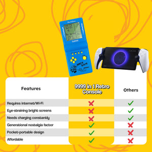 Compact 9999-in-1 retro game console with monochrome screen and nostalgic brick game design