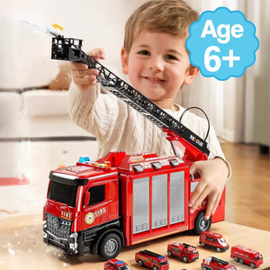 Child playing with Mega Rescue Water Spray Truck featuring water spray, extendable ladder, and 12 die-cast rescue vehicles for kids 6 and up