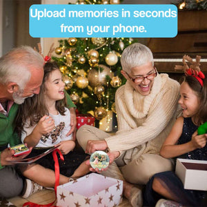 3D holographic Video Memory Ball glowing on a wooden desk displaying floating family memories