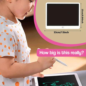 Child using 20-inch LCD drawing board with stylus pen for colorful digital drawing and writing
