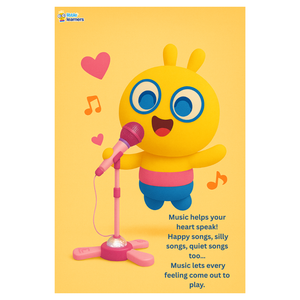 colorful cartoon character singing into microphone with musical notes and hearts floating around on yellow background promoting Boolby's Big Music Secret ebook for kids