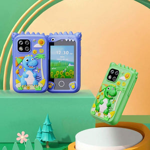 Kids mobile phone with touch screen, games, and dinosaur-themed protective silicone case, designed for children.