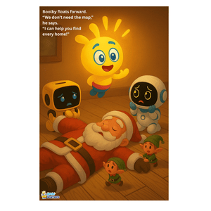 Illustration from Boolby Saves Christmas eBook featuring glowing bulb character, Santa, elves, and robots in cozy holiday scene