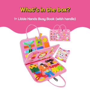 Toddler playing with Little Hands & Big Minds Busy Book soft activity handbag with zippers, buttons, and buckles