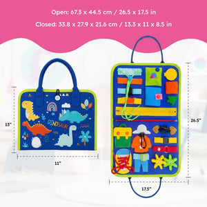 Little Hands & Big Minds Busy Book soft felt handbag toy with zippers, buttons, buckles, and movable clock for toddlers ages 1-4