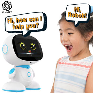AI-powered STEM learning robot interacting with excited young girl