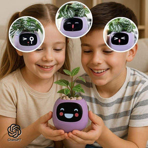 Ivy AI GrowBuddy smart plant care system with expressive face and sensors on a wooden surface