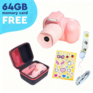 Mini Photographer Digital Camera in pink with 64GB memory card, protective case, stickers, lanyard, and USB cable for kids aged 4+