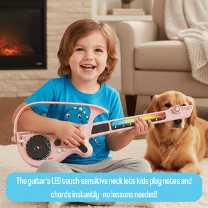 Child playing with pink LED touch-sensitive guitar toy indoors with dog, part of complete karaoke mic set for kids entertainment and learning