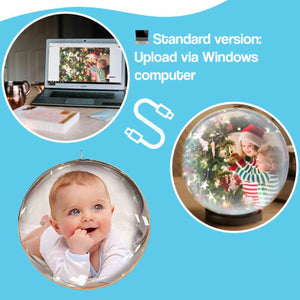 3D holographic crystal Video Memory Ball displaying floating family memories glowing on wooden base
