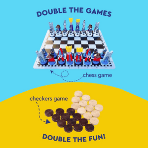 Educational Wooden Cartoon Chess Set with colorful cartoon-style chess pieces and complementary checkers game for kids learning and fun.