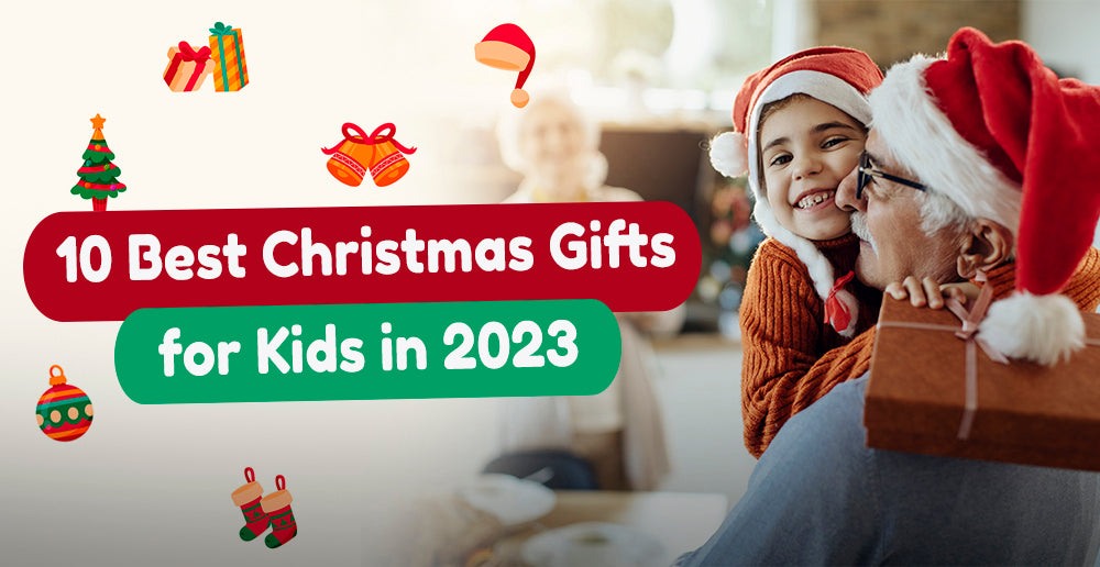 Happy child in Santa hat hugging elderly person holding Christmas gift with text 10 Best Christmas Gifts for Kids in 2023 and festive icons