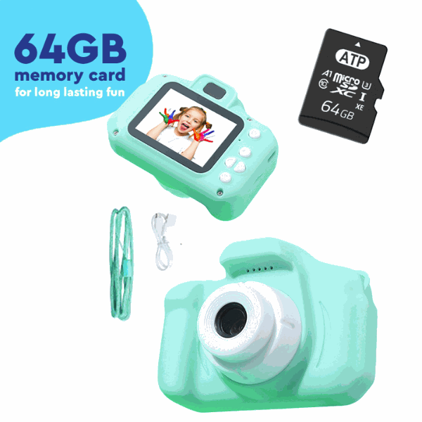 LittleLens Kids Camera mint green with 64GB memory card, USB cable, and lanyard for children aged 3 and up