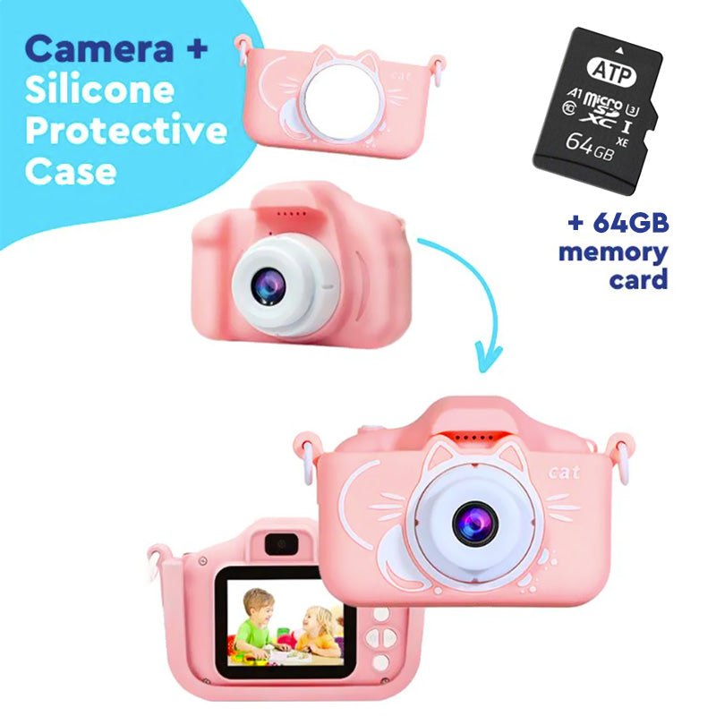 Pink LittleLens Kids Camera with cat-shaped silicone protective case and 64GB memory card for children aged 3+