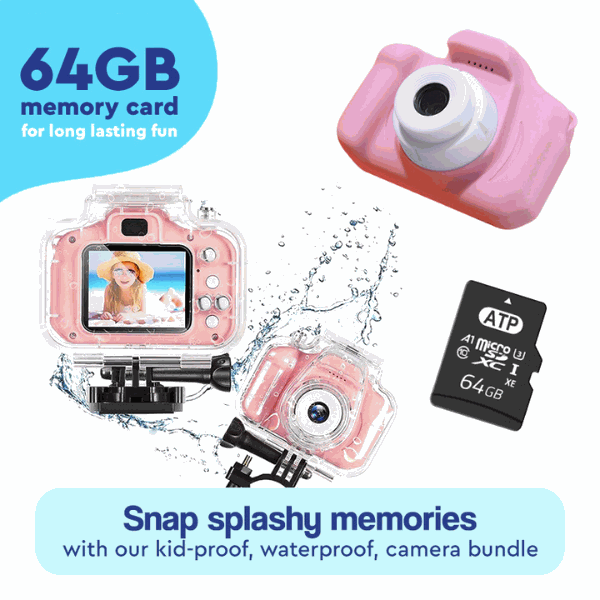 LittleLens Kids Camera waterproof pink with 64GB memory card and protective case for children ages 3+