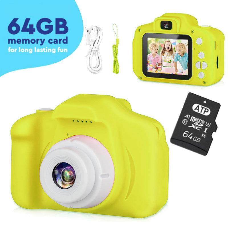 Yellow LittleLens Kids Camera with 64GB memory card, USB cable, and lanyard for children aged 3+