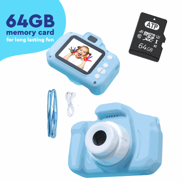 LittleLens Kids Camera in blue with 64GB memory card and accessories for kids photography