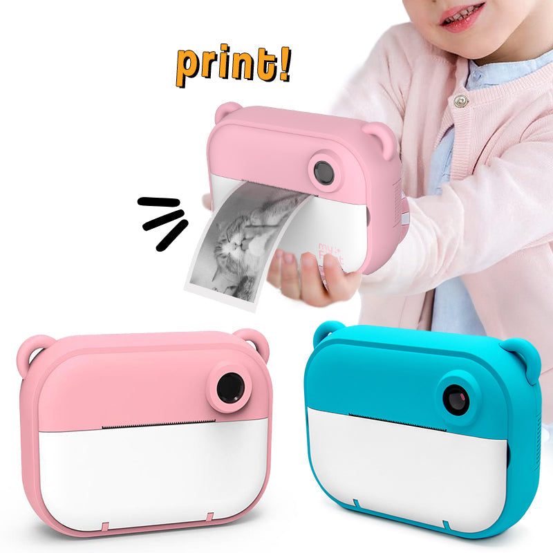 Kid Instant Print Camera in pink and blue with instant black and white photo printing for kids